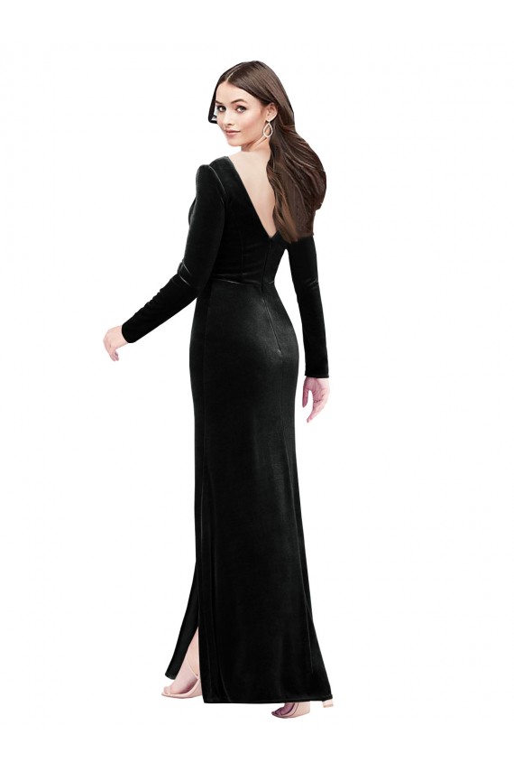 Best Long Sleeves Velvet Prom Dress with V-Neckline and Thigh Slit