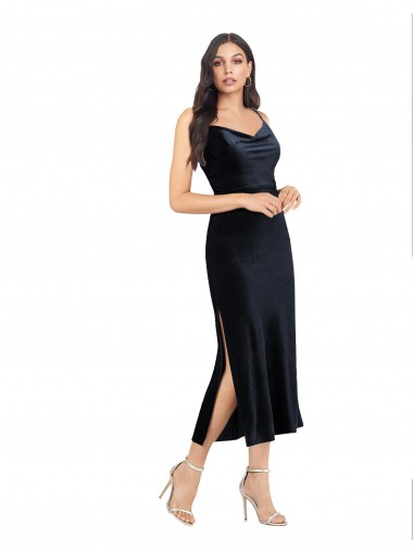 Best Midi Length Velvet Cocktail Prom Dress / Homecoming Dress with Cowl Neck and Spaghetti Straps