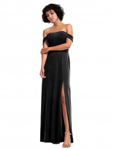 Best Off the Shoulder Drapped Sleeves Stretch Velvet Prom Dress