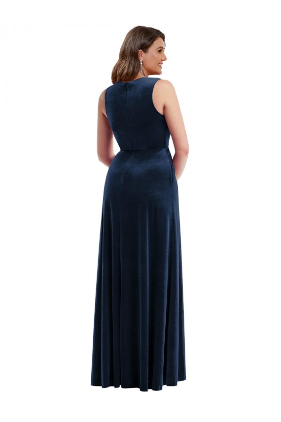 Best Deep V-Neck Sleeveless Velvet Maxi Prom Dress with Pockets