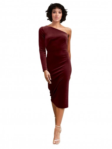 Best One Shoulder Fitted Short Midi Length Velvet Prom Dress