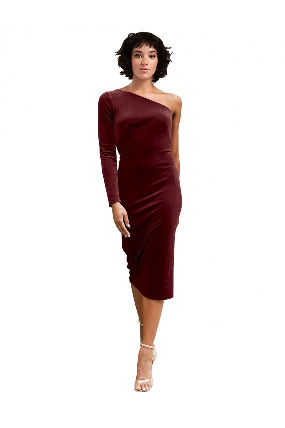 Best One Shoulder Fitted Short Midi Length Velvet Prom Dress