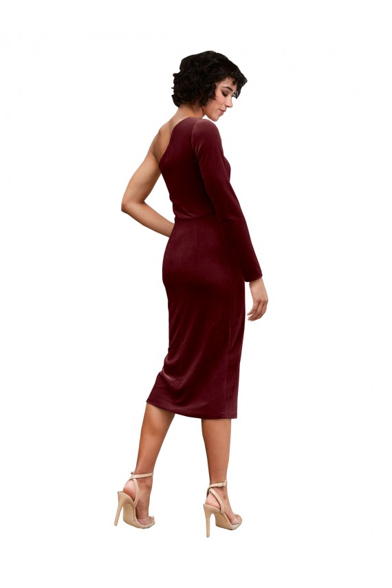 Best One Shoulder Fitted Short Midi Length Velvet Prom Dress