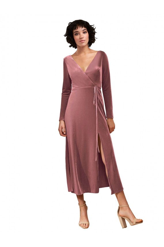 Best Long Sleeve Velvet Faux Wrap Midi Length Prom Dress