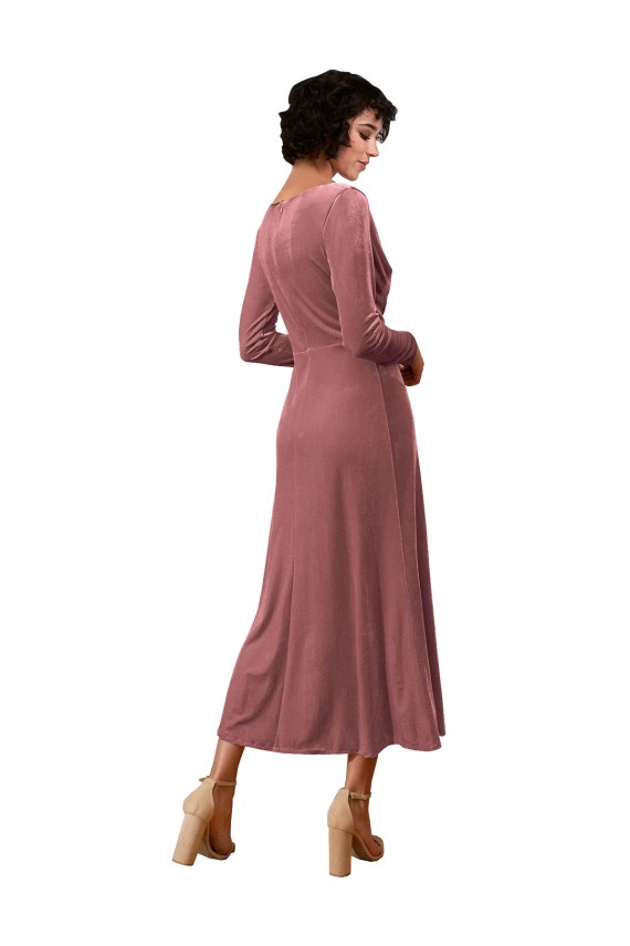 Best Long Sleeve Velvet Faux Wrap Midi Length Prom Dress