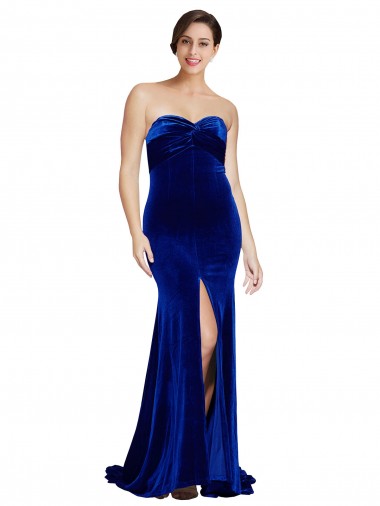 Best Strapless Ruched Velvet Prom Dress with Sweep Train and Front Slit