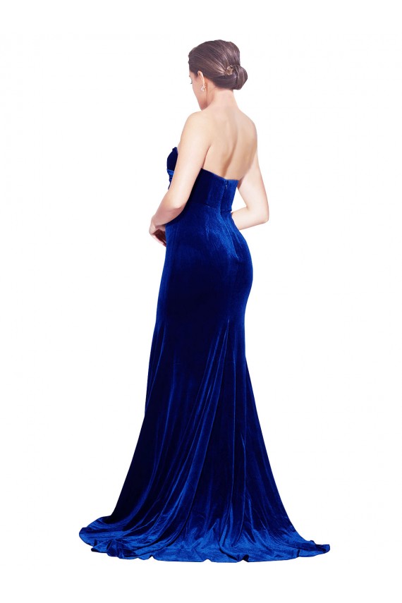 Best Strapless Ruched Velvet Prom Dress with Sweep Train and Front Slit