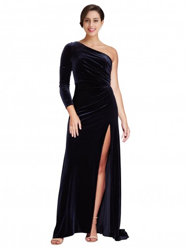 Best One Sleeve Long Velvet Prom Dress with Thigh High Split