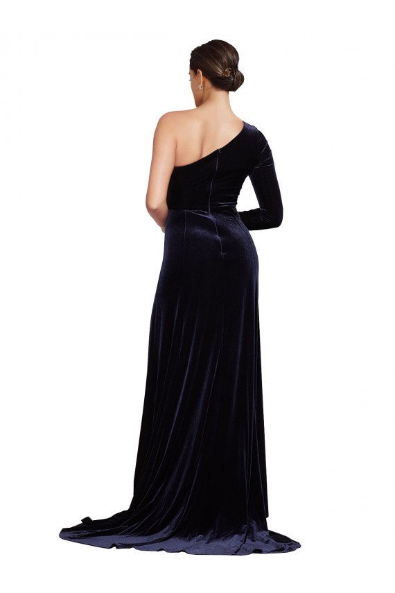 Best One Sleeve Long Velvet Prom Dress with Thigh High Split