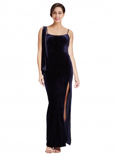 Best Long Velvet Prom Dress with Side Thigh Split and Shoulder Tie