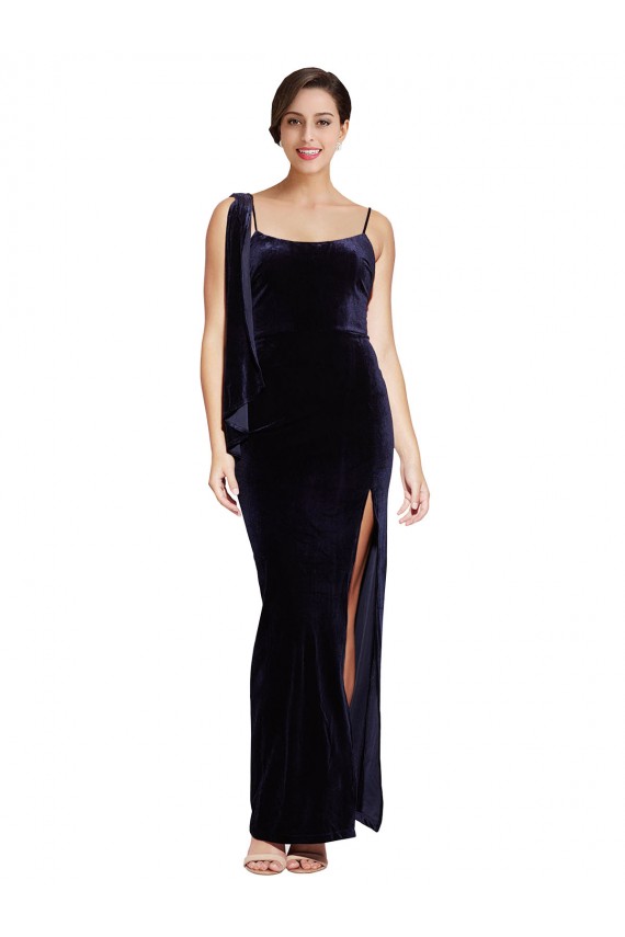 Best Long Velvet Prom Dress with Side Thigh Split and Shoulder Tie