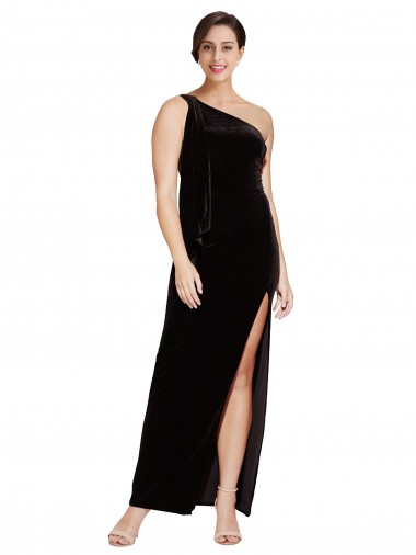 Best One Shoulder Long Velvet Prom Dress with Side Split and Shoulder Tie