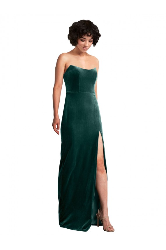 Best Scooped Strapless Long Velvet Prom Dress with Daring Side Slit